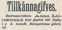 1903 Barnmorskan Liljestrand flyttar till fd handl Bergströms gård Mars 1903